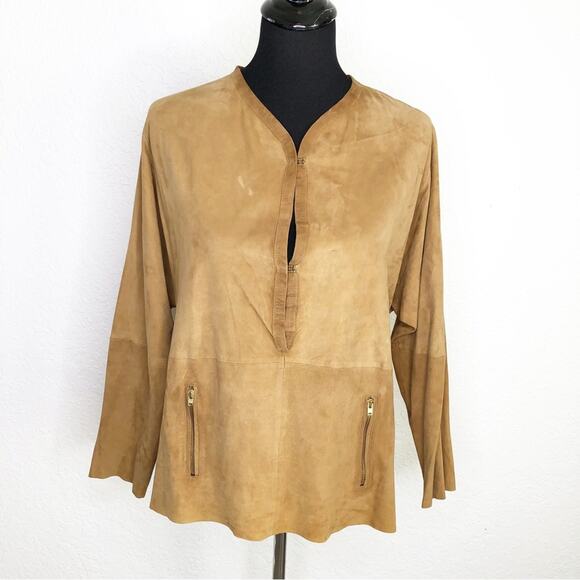 Maje caramel tan brown goat suede hook front popover top size 2 or US 6 - Picture 1 of 16